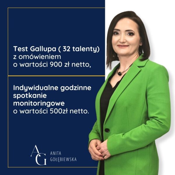 Test Gallupa ( 32 talenty) z omówieniem oraz Indywidualne godzinne spotkanie monitoringowe